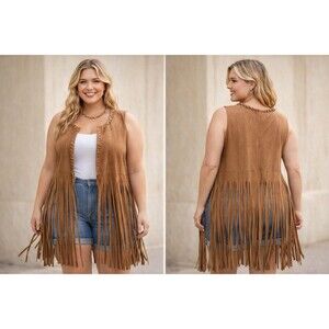 Brown Faux Suede Fringe Vest 2XL Sleeveless Boho Western Festival